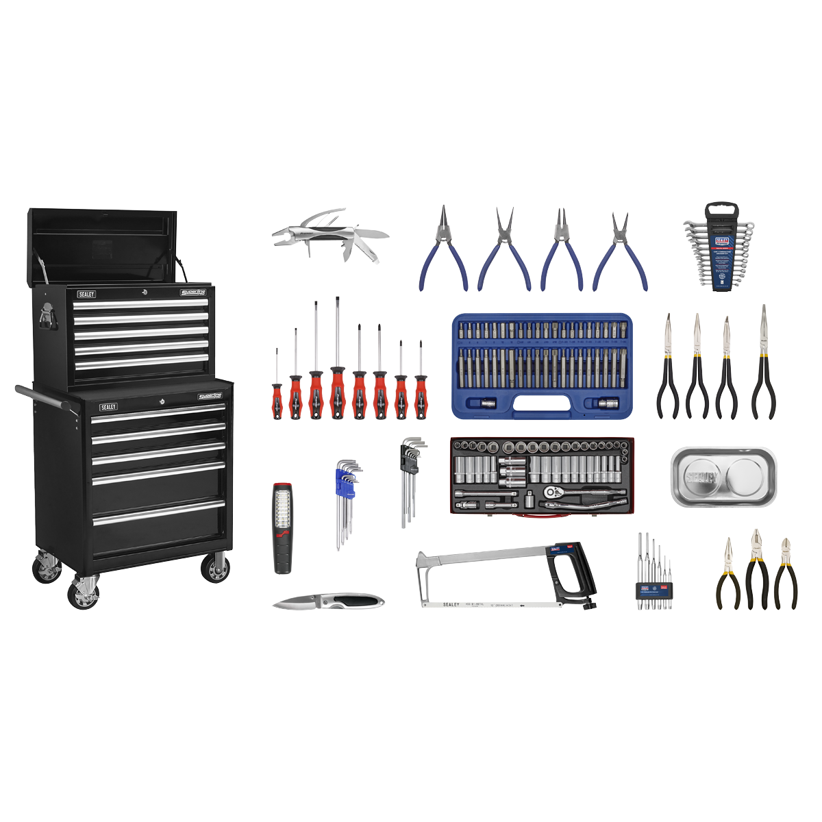 Sealey APCOMBOBBTK56 10 Drawer Topchest & Rollcab Combination with Ball-Bearing Slides - Black & 147pc Tool Kit