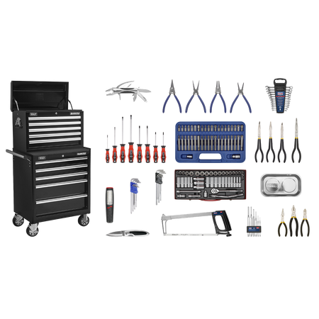 Sealey APCOMBOBBTK56 10 Drawer Topchest & Rollcab Combination with Ball-Bearing Slides - Black & 147pc Tool Kit