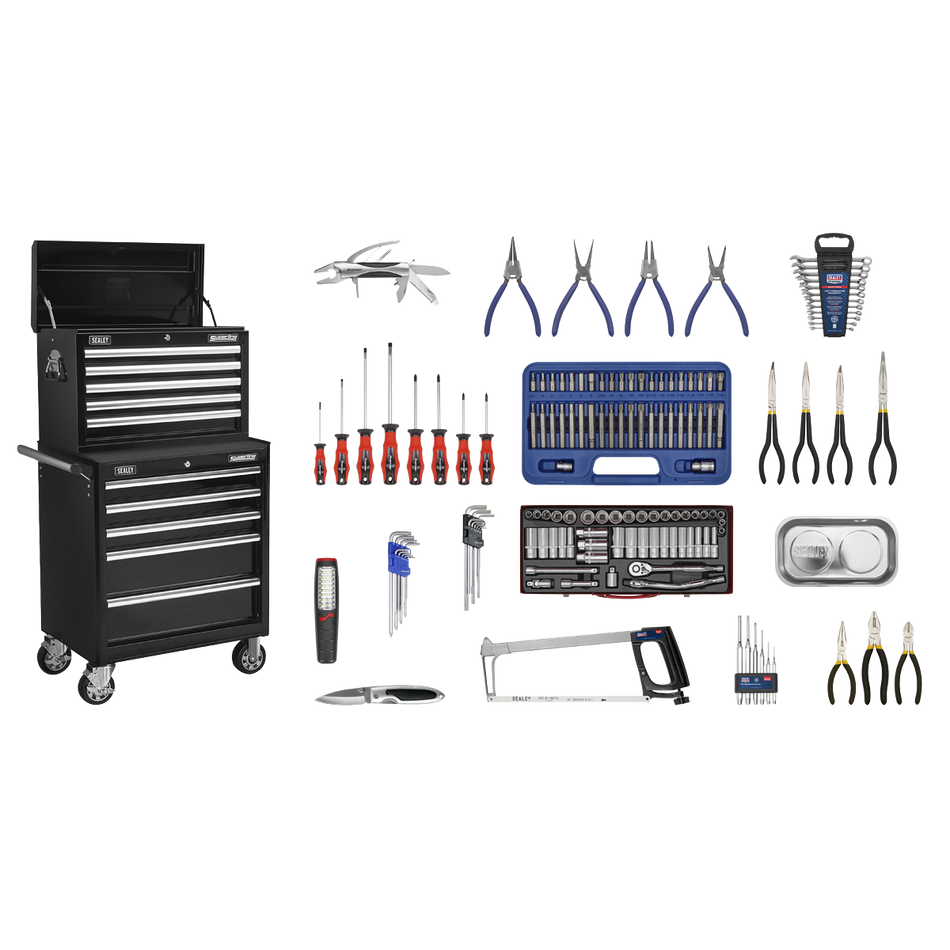 Sealey APCOMBOBBTK56 10 Drawer Topchest & Rollcab Combination with Ball-Bearing Slides - Black & 147pc Tool Kit