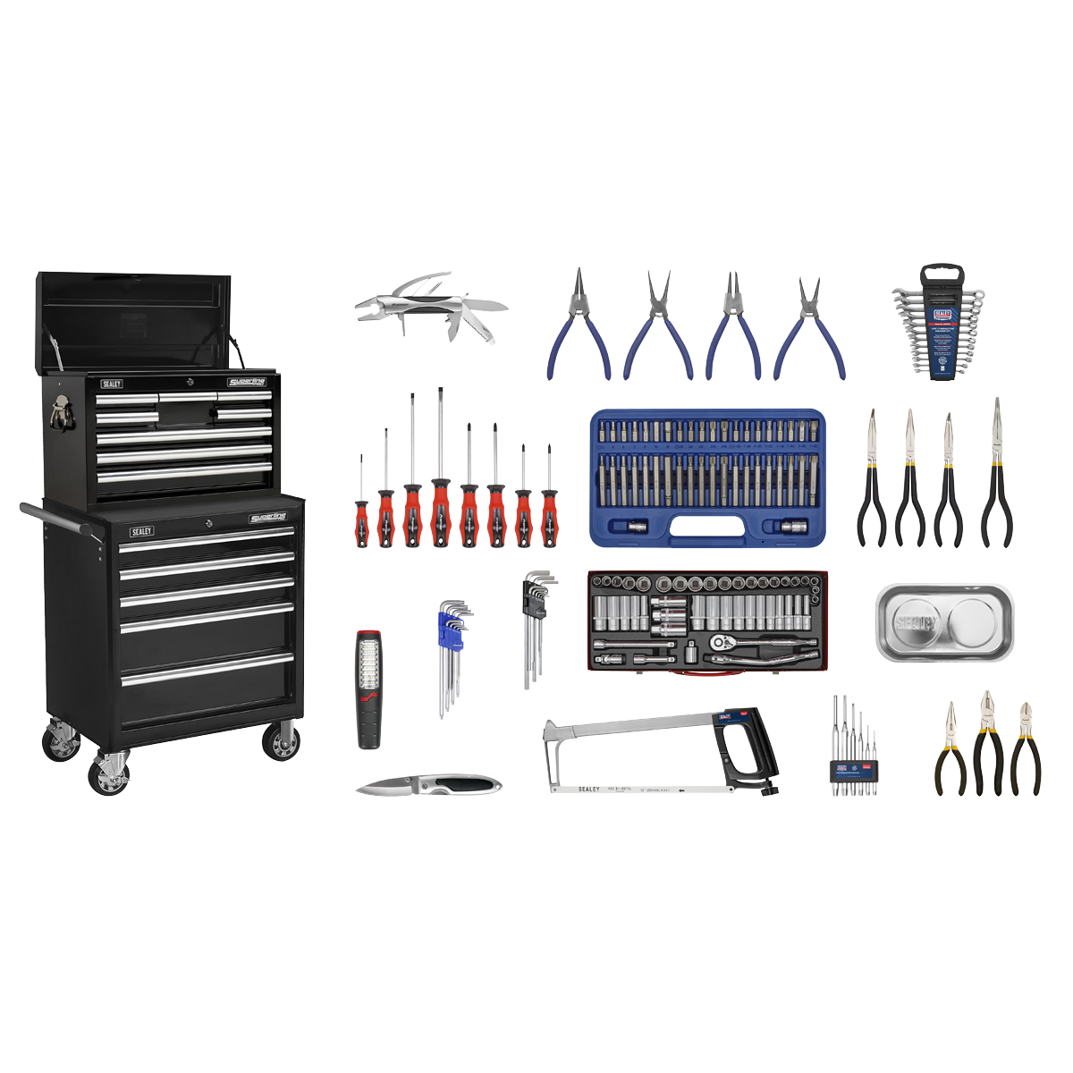 Sealey APCOMBOBBTK58 15 Drawer Topchest & Rollcab Combination with Ball-Bearing Slides - Black & 147pc Tool Kit