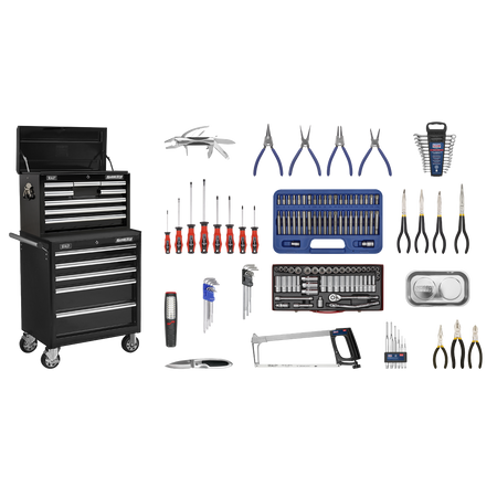 Sealey APCOMBOBBTK58 15 Drawer Topchest & Rollcab Combination with Ball-Bearing Slides - Black & 147pc Tool Kit
