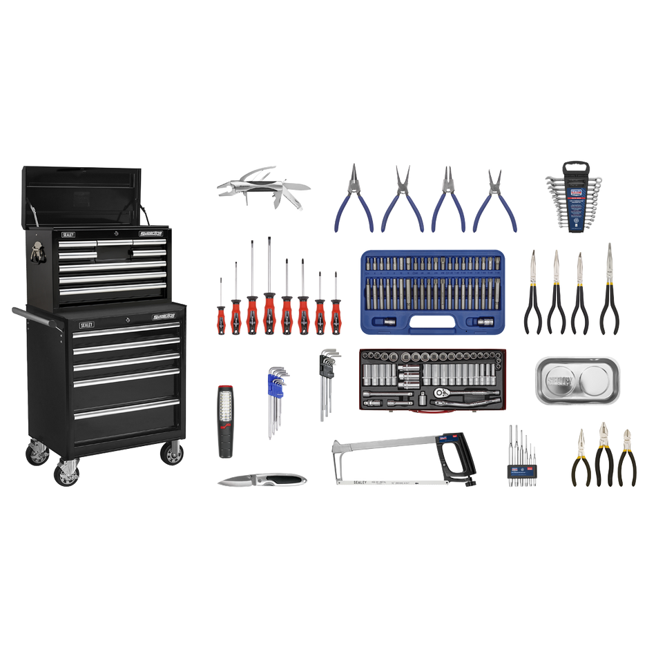 Sealey APCOMBOBBTK58 15 Drawer Topchest & Rollcab Combination with Ball-Bearing Slides - Black & 147pc Tool Kit