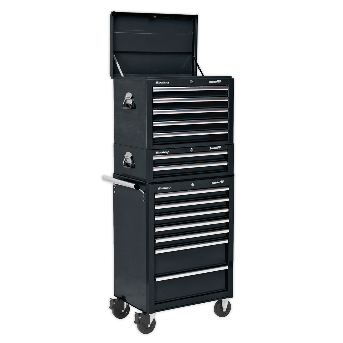 Sealey APSTACKTB 14 Drawer Topchest, Mid-Box & Rollcab Combination with Ball-Bearing Slides - Black