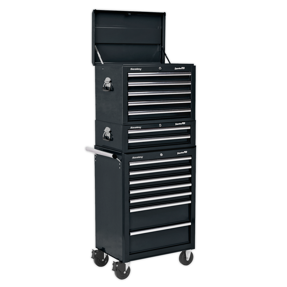 Sealey APSTACKTB 14 Drawer Topchest, Mid-Box & Rollcab Combination with Ball-Bearing Slides - Black