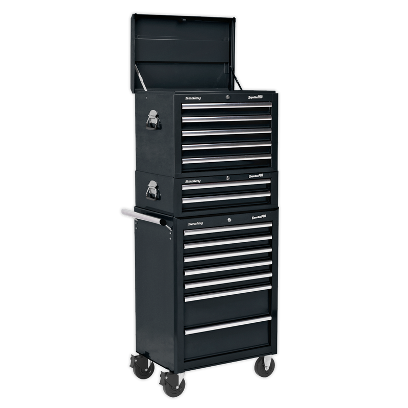 Sealey APSTACKTB 14 Drawer Topchest, Mid-Box & Rollcab Combination with Ball-Bearing Slides - Black