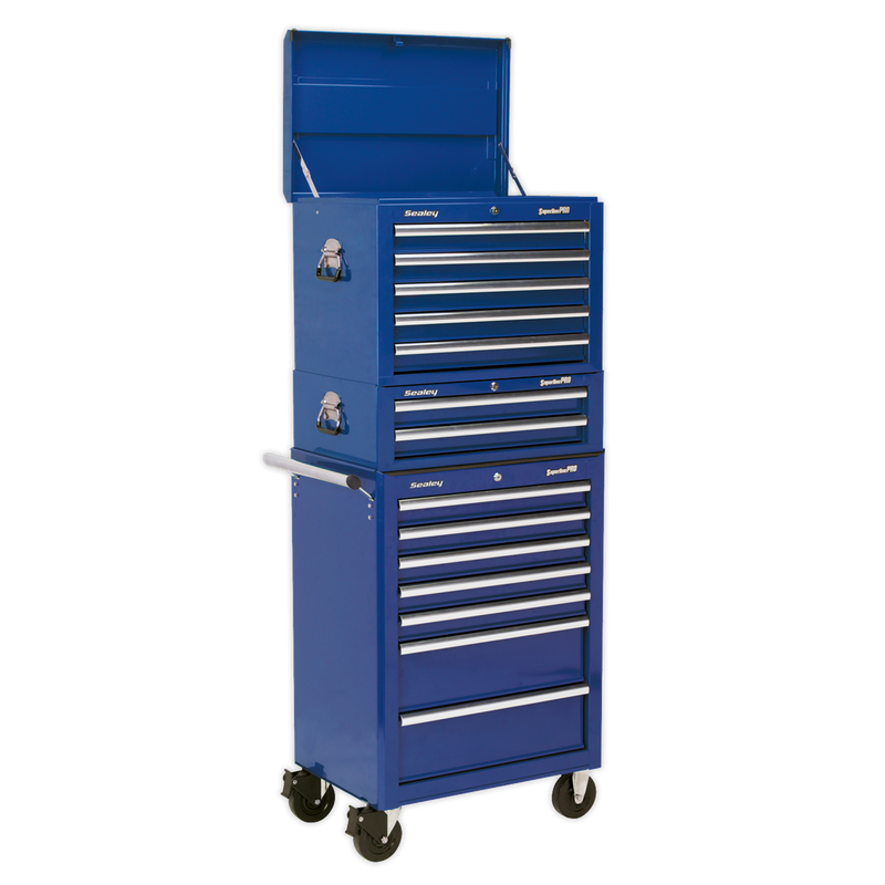 Sealey APSTACKTC Topchest, Mid-Box & Rollcab Combination 14 Drawer with Ball-Bearing Slides - Blue