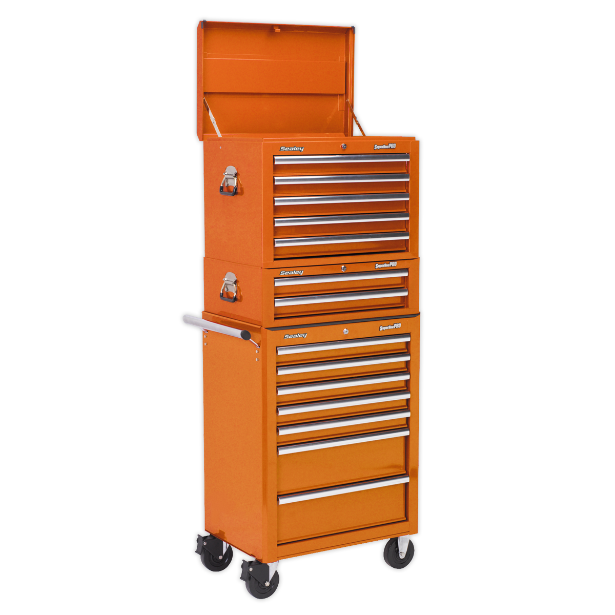Sealey APSTACKTO 14 Drawer Topchest, Mid-Box & Rollcab Combination with Ball-Bearing Slides - Orange