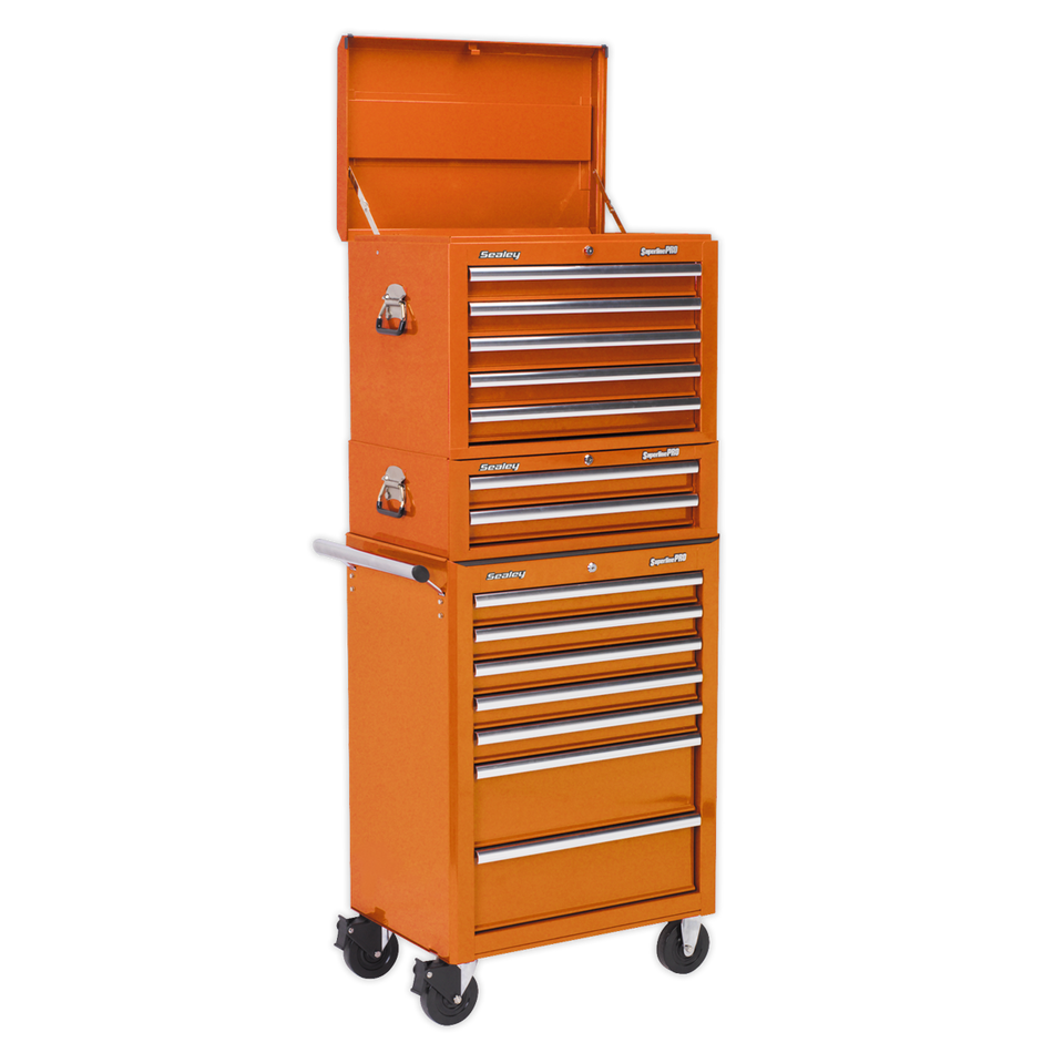 Sealey APSTACKTO 14 Drawer Topchest, Mid-Box & Rollcab Combination with Ball-Bearing Slides - Orange