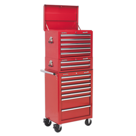 Sealey APSTACKTR 14 Drawer Topchest, Mid-Box & Rollcab Combination with Ball-Bearing Slides - Red