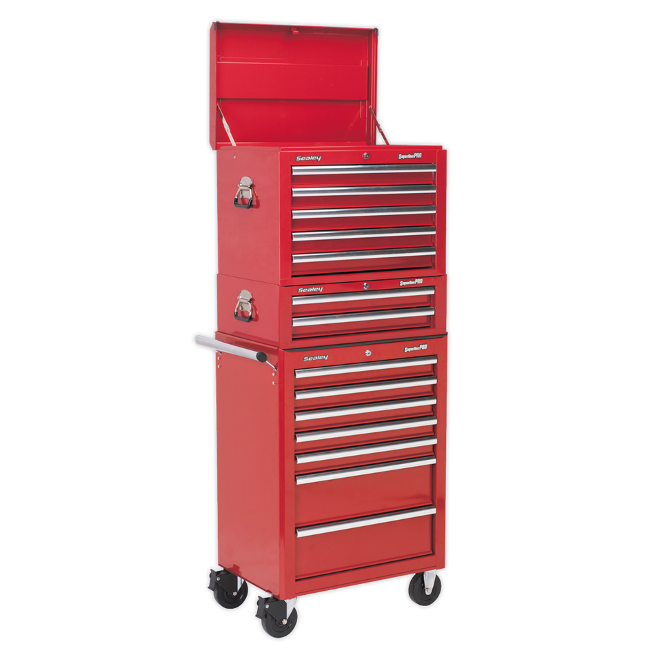 Sealey APSTACKTR 14 Drawer Topchest, Mid-Box & Rollcab Combination with Ball-Bearing Slides - Red