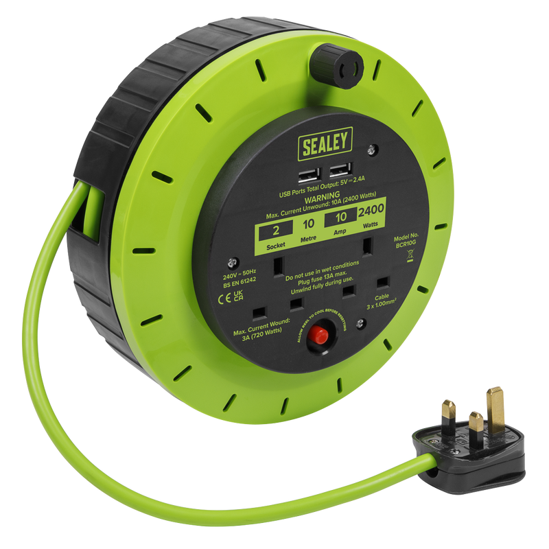 Sealey BCR10G Cassette Type Cable Reel Green with Thermal Trip 2 x 230V and 2 x USB 10m