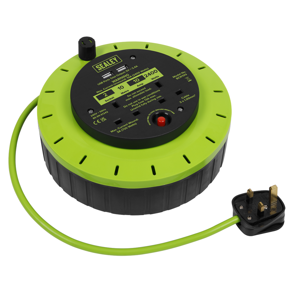 Sealey BCR10G Cassette Type Cable Reel Green with Thermal Trip 2 x 230V and 2 x USB 10m