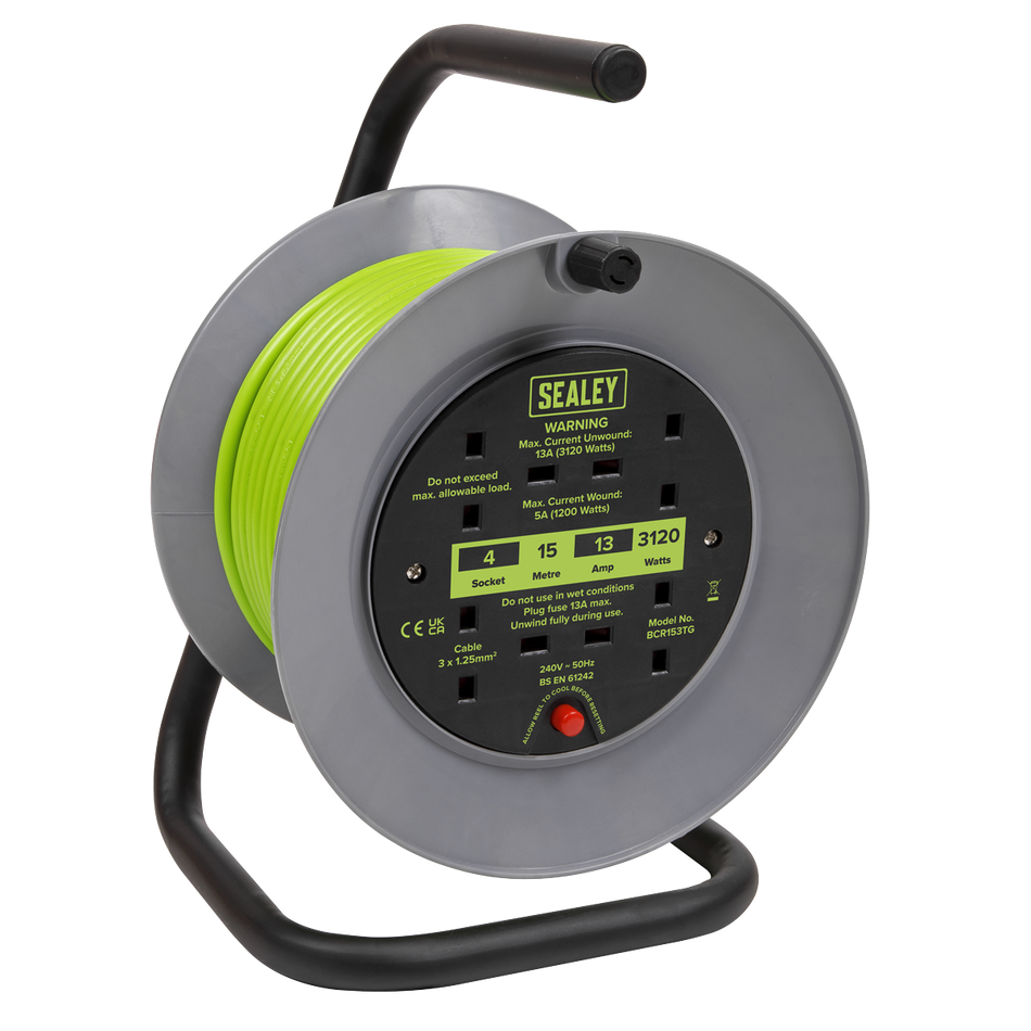 Sealey BCR153TG Cable Reel with Thermal Trip 4 x 230V 15m - Green