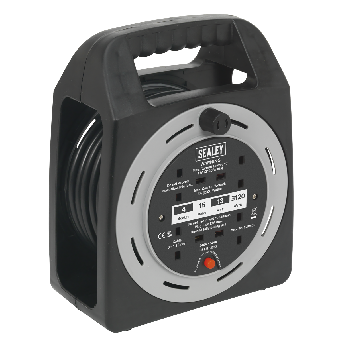 Sealey BCR15CB 15m Box Type Cable Reel 4 x 230V Thermal Trip