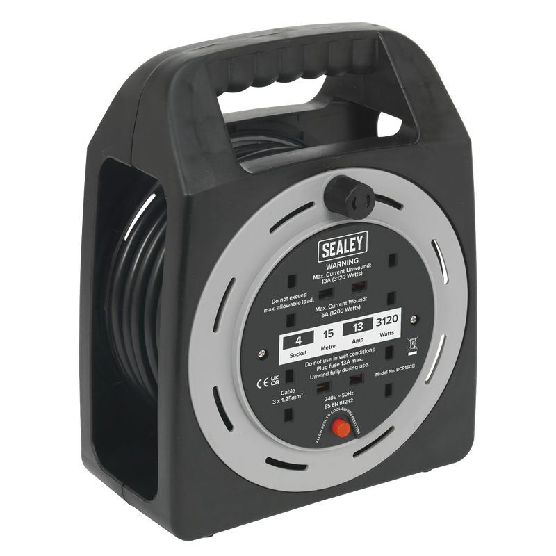 Sealey BCR15CB 15m Box Type Cable Reel 4 x 230V Thermal Trip