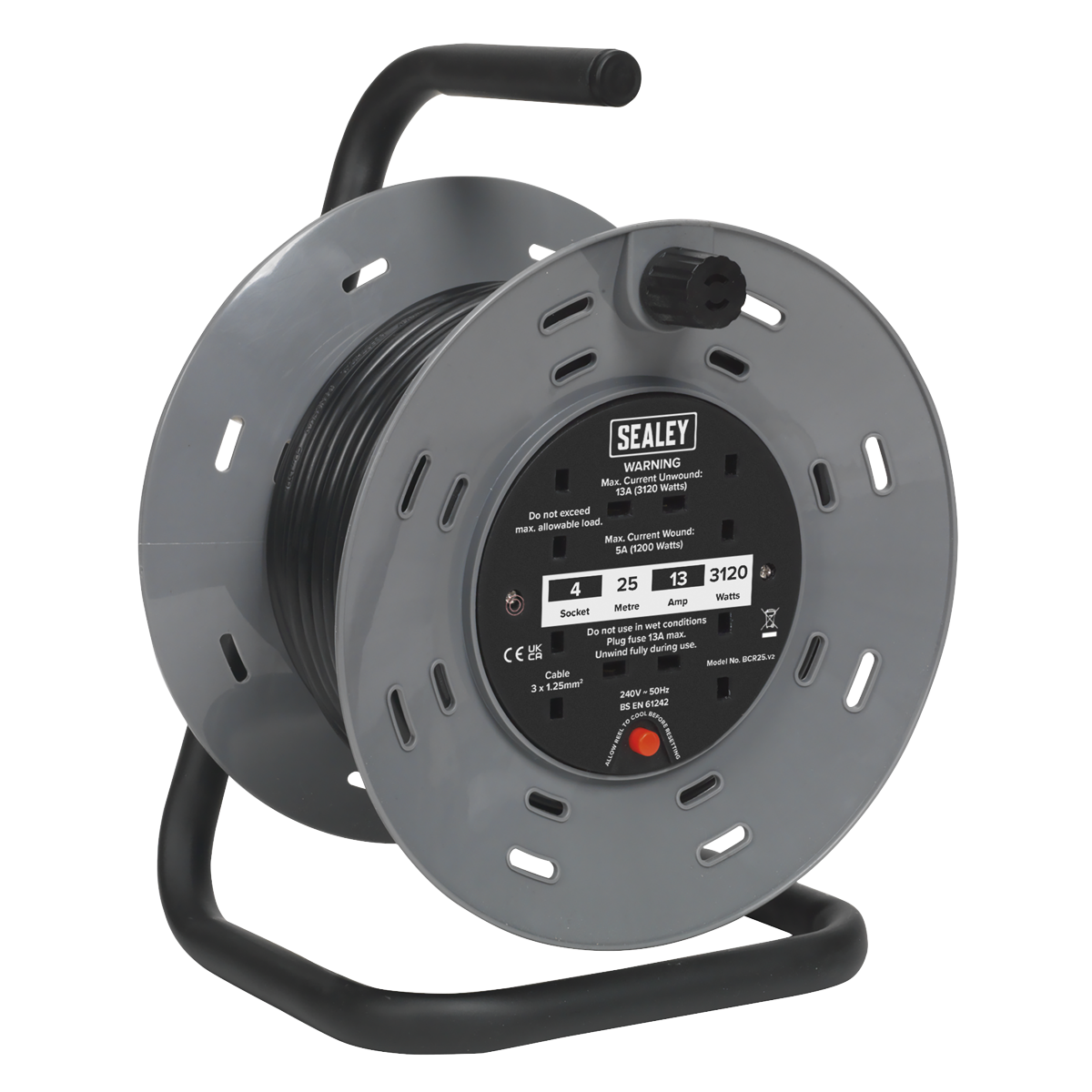 Sealey BCR25 25m Cable Reel with Thermal Trip 4 x 230V Sockets