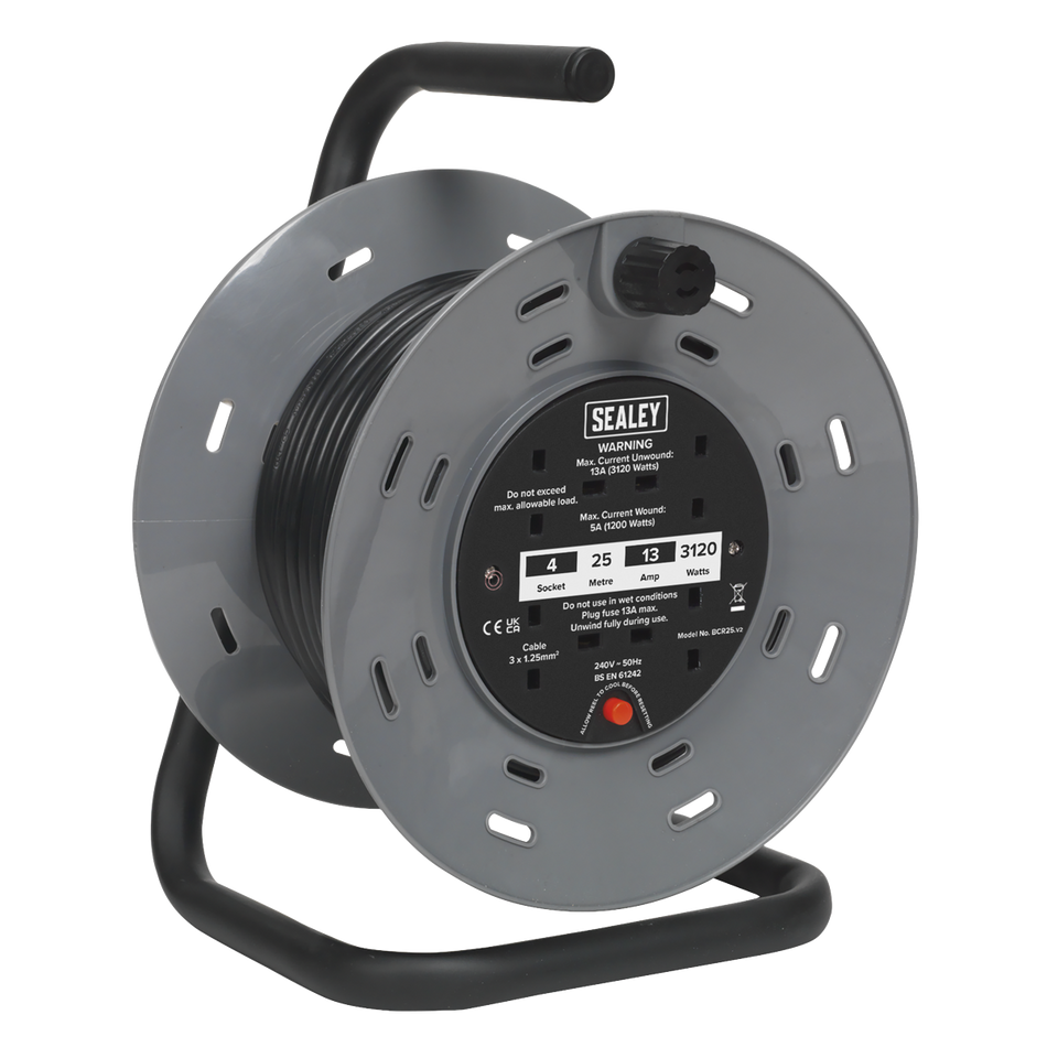 Sealey BCR25 25m Cable Reel with Thermal Trip 4 x 230V Sockets