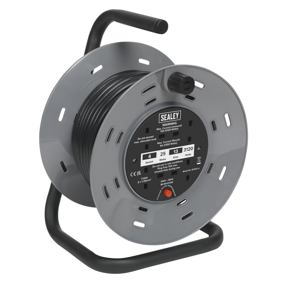 Sealey BCR25 25m Cable Reel with Thermal Trip 4 x 230V Sockets