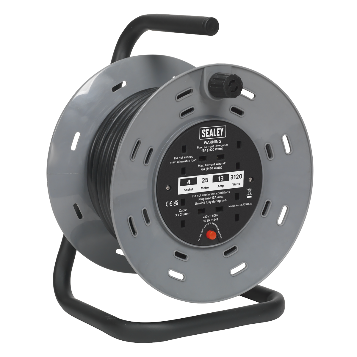 Sealey BCR2525 25m Heavy-Duty Cable Reel with Thermal Trip 4 x 230V Sockets