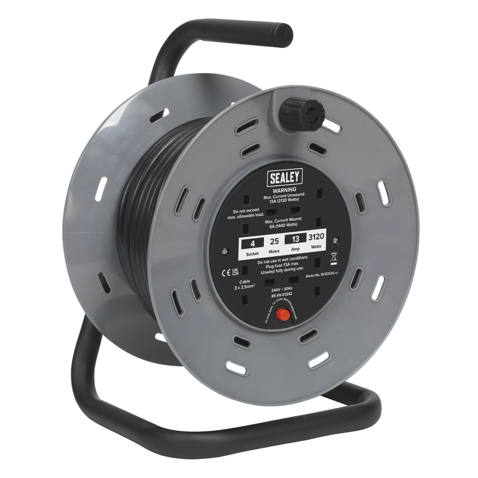 Sealey BCR2525 25m Heavy-Duty Cable Reel with Thermal Trip 4 x 230V Sockets