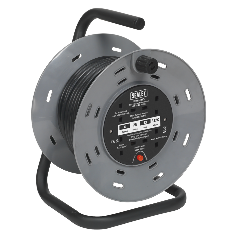 Sealey BCR2525 25m Heavy-Duty Cable Reel with Thermal Trip 4 x 230V Sockets