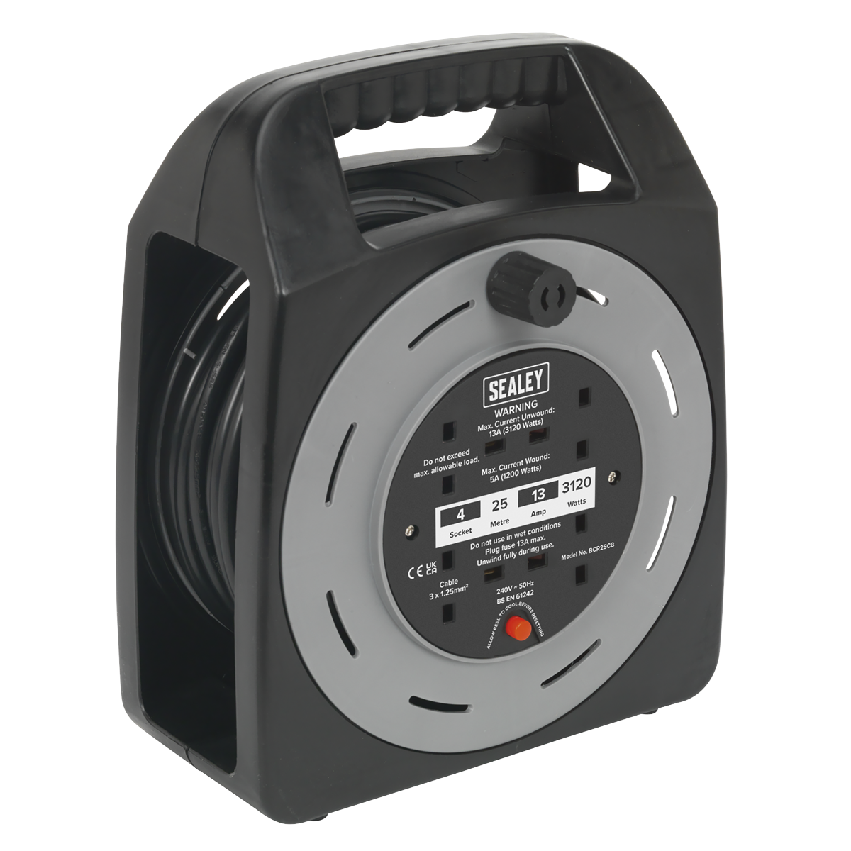 Sealey BCR25CB 25m Box Type Cable Reel 4 x 230V Thermal Trip