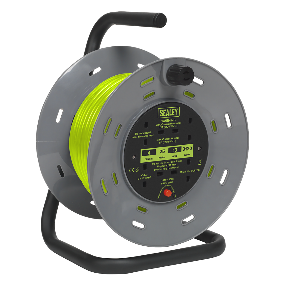 Sealey BCR25G Cable Reel with Thermal Trip 4 x 230V Sockets 25m - Green