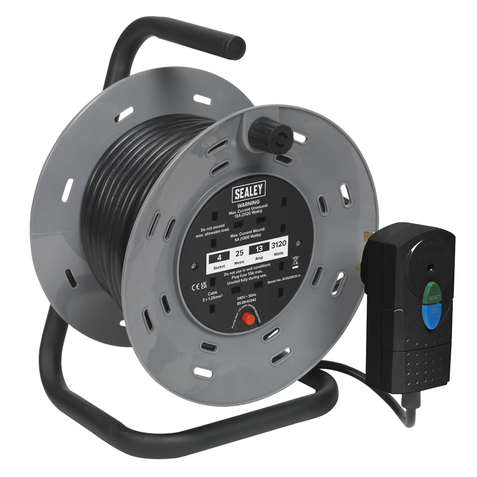 Sealey BCR25RCD 25m Cable Reel with Thermal Trip & RCD Plug 4 x 230V