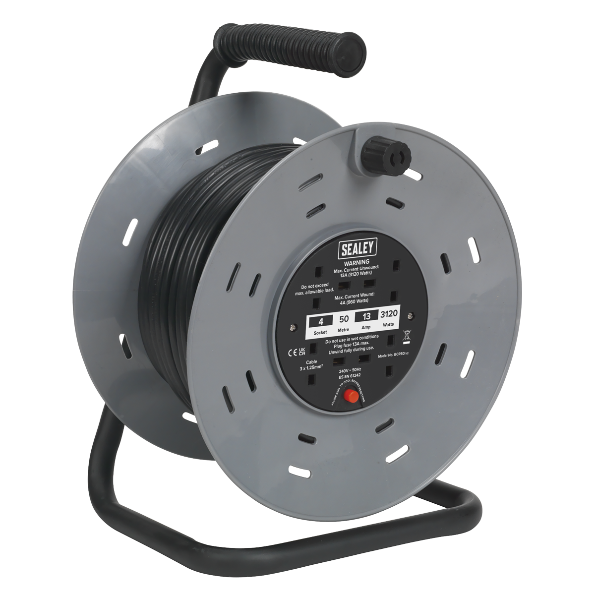 Sealey BCR50 50m Cable Reel with Thermal Trip 4 x 230V Sockets