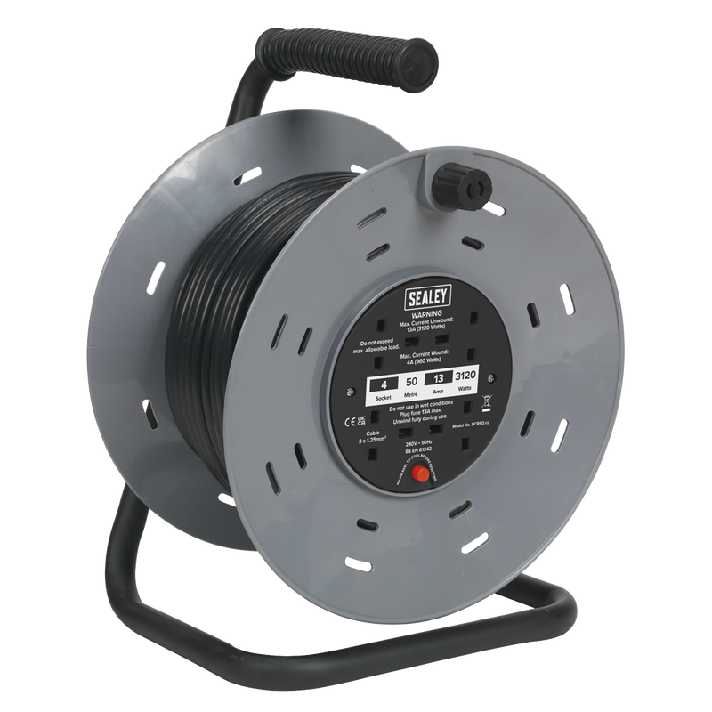 Sealey BCR50 50m Cable Reel with Thermal Trip 4 x 230V Sockets