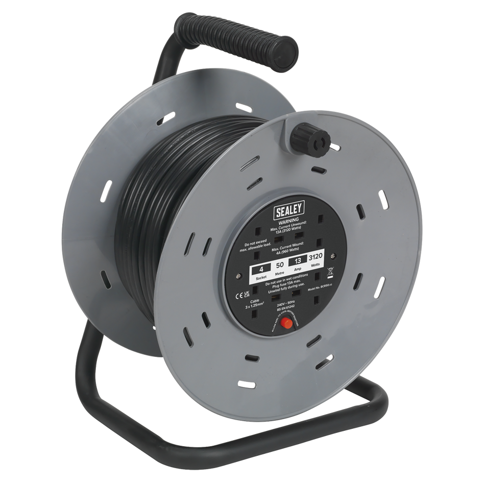 Sealey BCR50 50m Cable Reel with Thermal Trip 4 x 230V Sockets