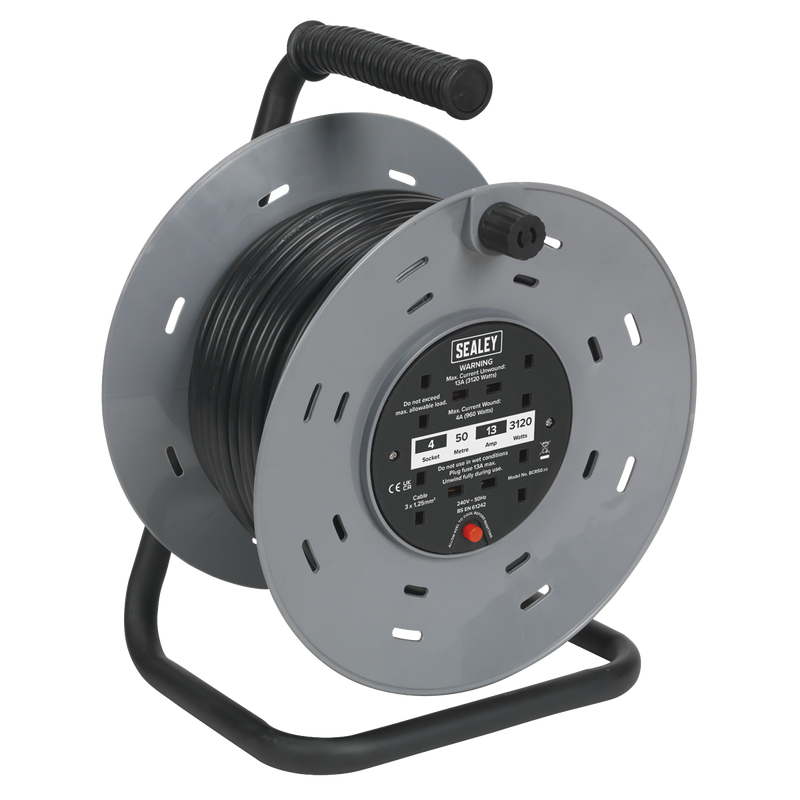Sealey BCR50 50m Cable Reel with Thermal Trip 4 x 230V Sockets