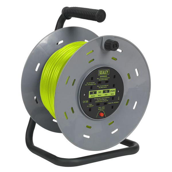 Sealey BCR50G Cable Reel with Thermal Trip 4 x 230V Sockets 50m - Green