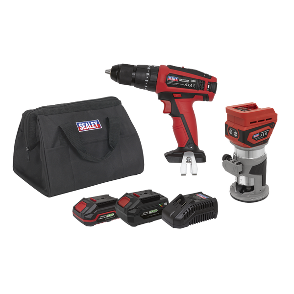Sealey CP20VCOMBO12 2 x 20V SV20 Series Cordless Router & Combi Drill Kit - 2 Batteries