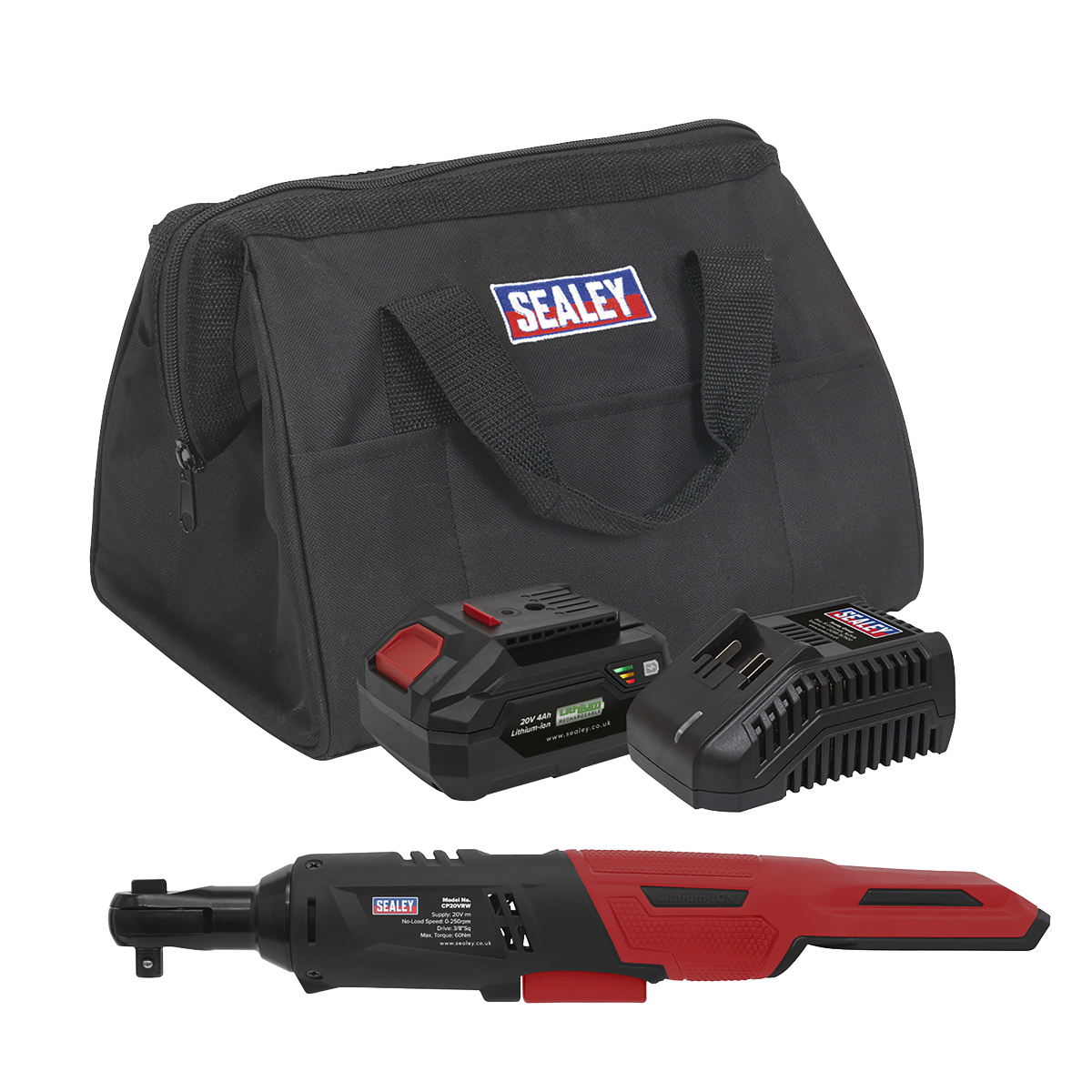 Sealey CP20VRWKIT1 20V SV20 Series 4Ah 3/8"Sq Drive Cordless Ratchet Wrench Kit - 60Nm