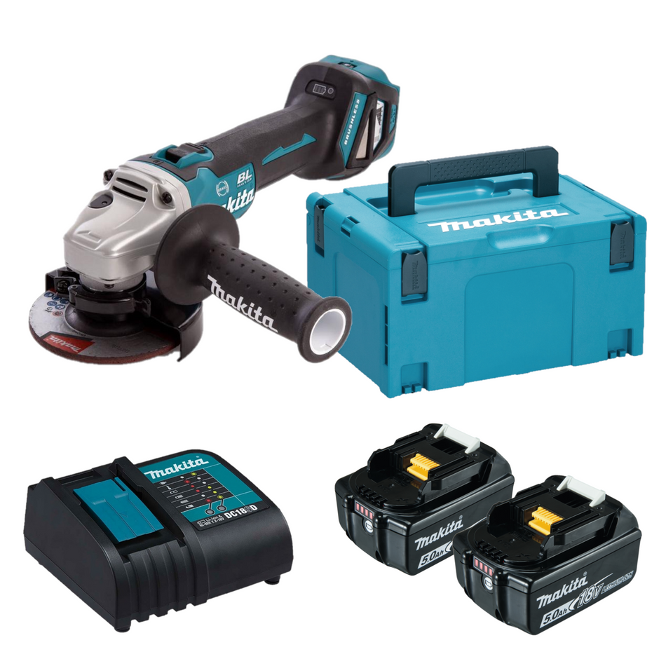 Makita DGA463STJ 18v Cordless Brushless 115mm Angle Grinder Kit 2x BL1850B Batteries & Charger