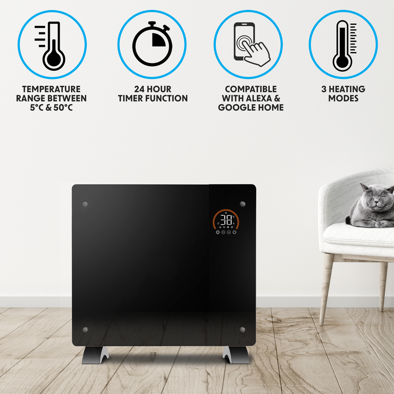 Baridi DH135 , Electric Glass Panel Heater, 1000W, Wi-Fi Enabled, Black - DH135