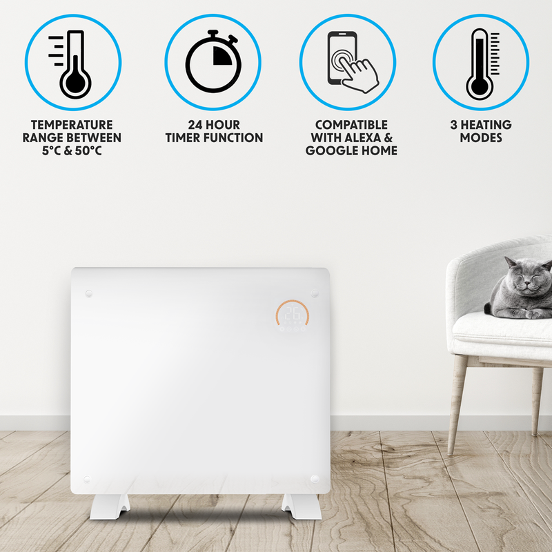 Baridi DH136 , Electric Glass Panel Heater, 1000W, Wi-Fi Enabled, White - DH136