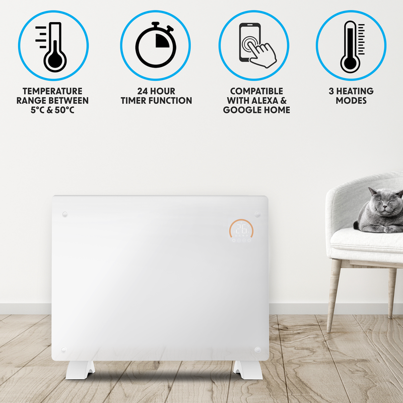 Baridi DH138  Electric Glass Panel Heater, 1500W, Thermostat Controlled 24Hr 7 Day Timer, Wi-Fi Enabled, Remote Control, White - DH138