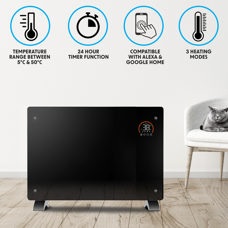 Baridi DH139  Electric Glass Panel Heater, 2000W, Thermostat Controlled Radiator with 24Hr 7 Day Timer, Wi-Fi Enabled, Remote Control, Black - DH139