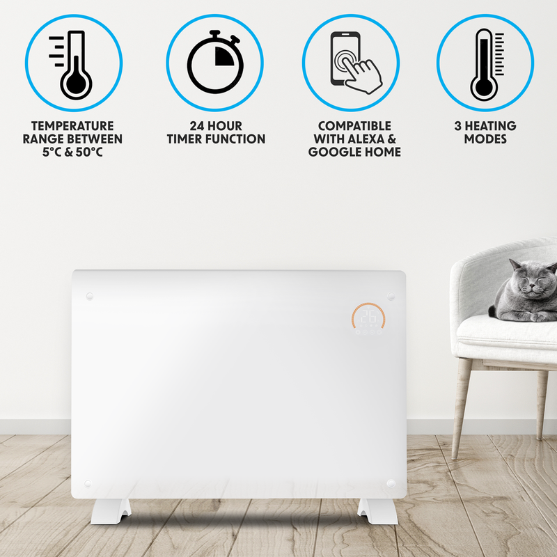 Baridi DH140  Electric Glass Panel Heater, 2000W, Thermostat Controlled 24Hr 7 Day Timer, Wi-Fi Enabled, Remote Control, White - DH140
