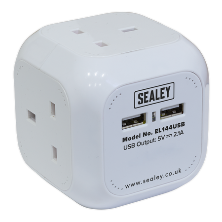 Sealey EL144USB 1.4m Powercube Extension Cable 4 x 230V & 2 x USB Sockets - White
