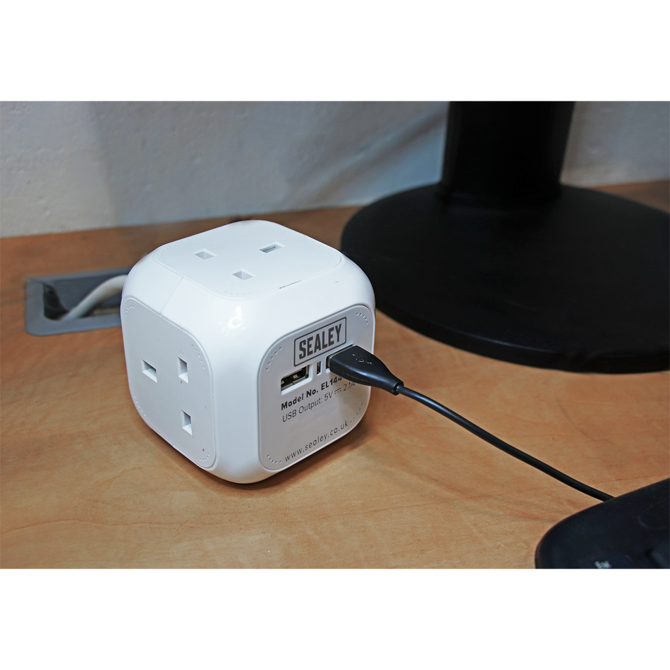 Sealey EL144USB 1.4m Powercube Extension Cable 4 x 230V & 2 x USB Sockets - White