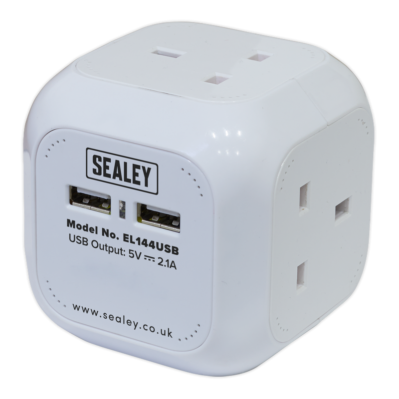 Sealey EL144USB 1.4m Powercube Extension Cable 4 x 230V & 2 x USB Sockets - White