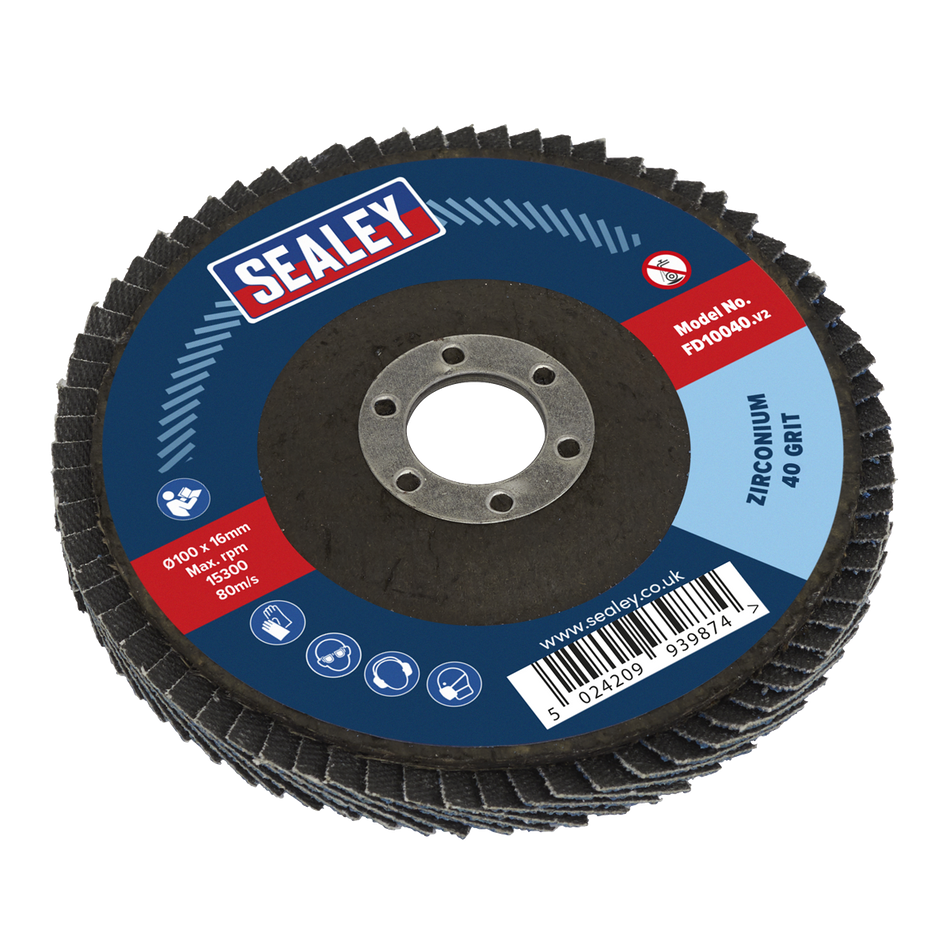 Sealey FD10040 100mm Zirconium Flap Disc 16mm Bore 40Grit