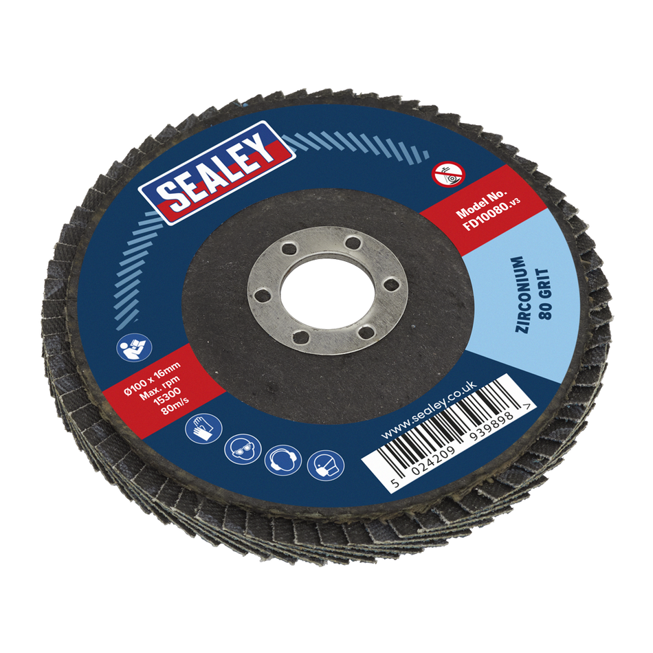 Sealey FD10080 100mm Zirconium Flap Disc 16mm Bore 80Grit