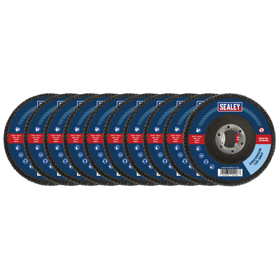 Sealey FD11512010 120Grit Flap Discs Zirconium 115mm 22mm Bore - Pack of 10