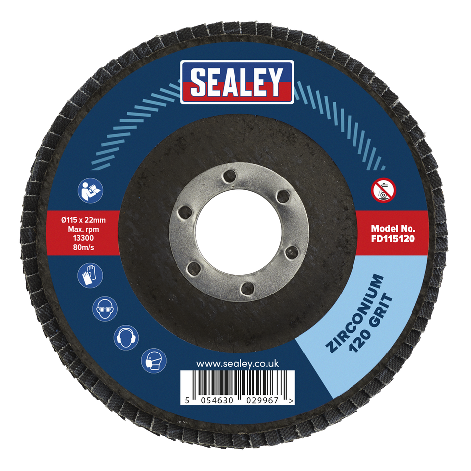 Sealey FD115120 115mm Zirconium Flap Disc 22mm Bore 120Grit