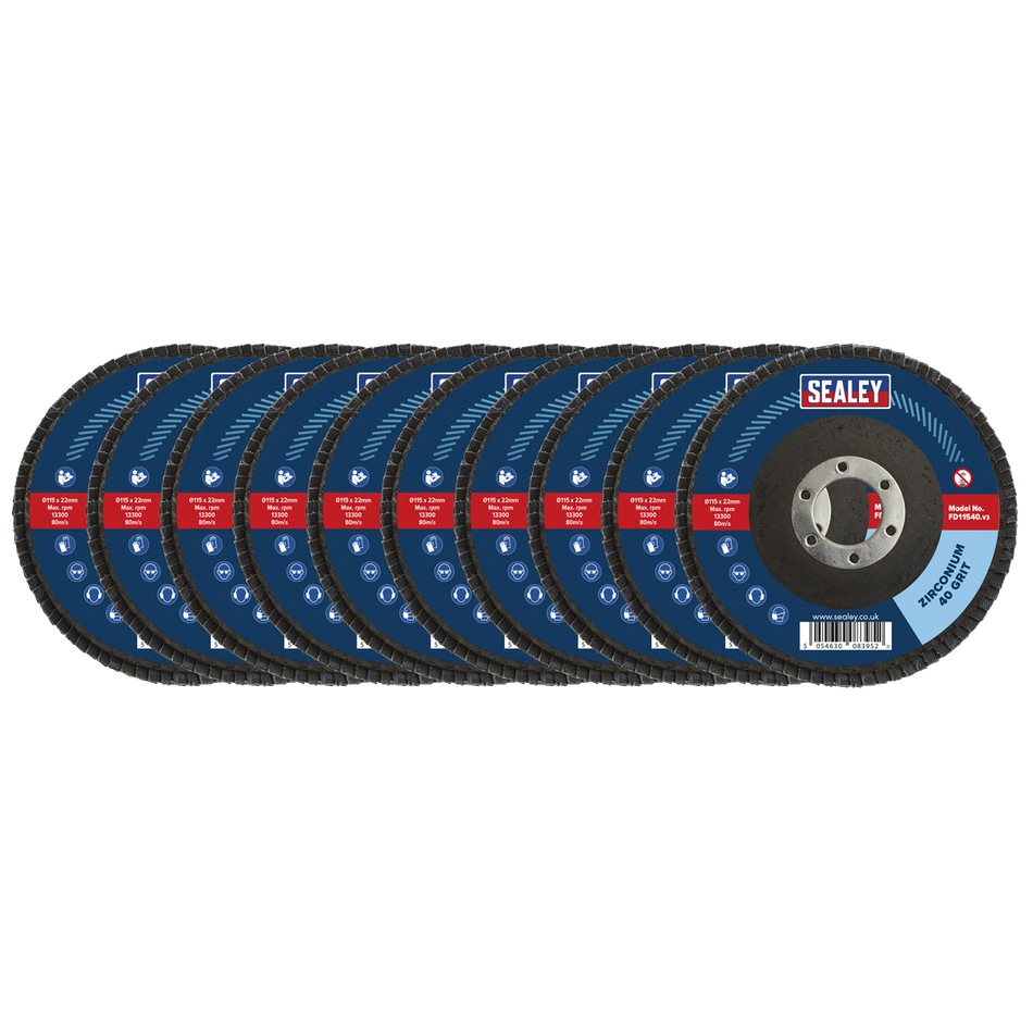 Sealey FD1154010 40Grit Flap Discs Zirconium 115mm 22mm Bore - Pack of 10