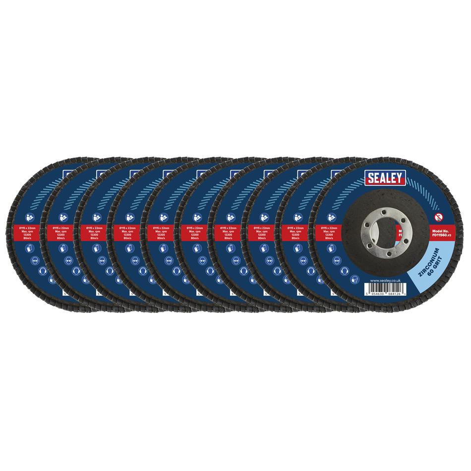 Sealey FD1156010 60Grit Flap Discs Zirconium 115mm 22mm Bore - Pack of 10